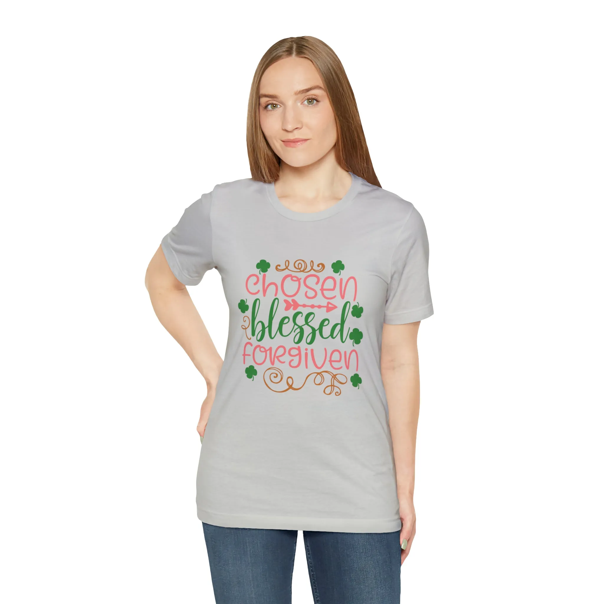 "Chosen, Blessed, Forgiven" in this classic Bella & Canvas Tee.