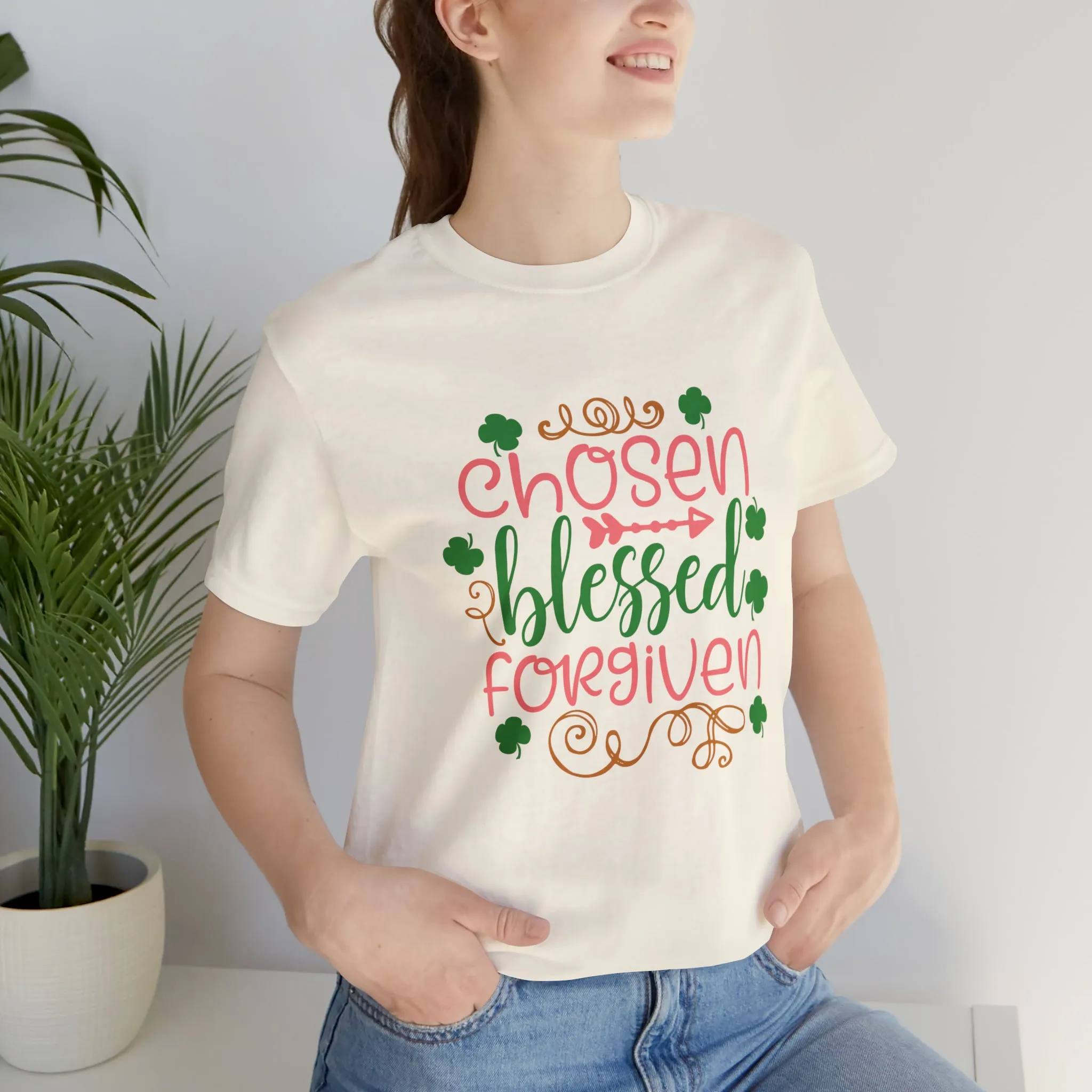"Chosen, Blessed, Forgiven" in this classic Bella & Canvas Tee.