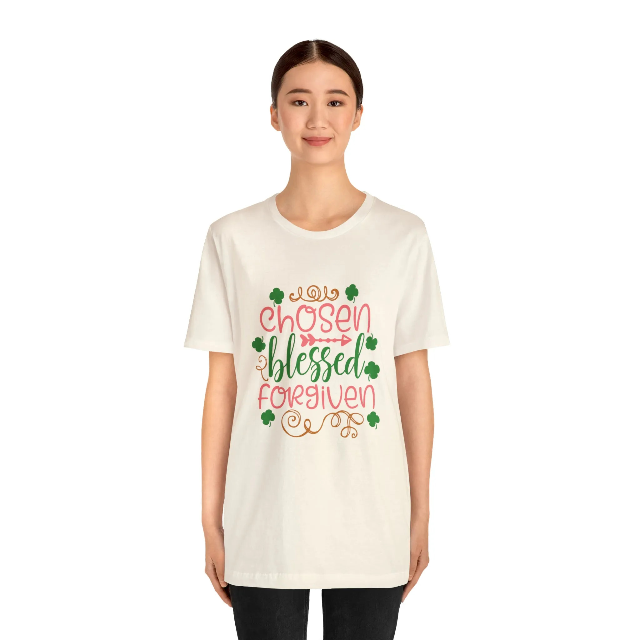 "Chosen, Blessed, Forgiven" in this classic Bella & Canvas Tee.