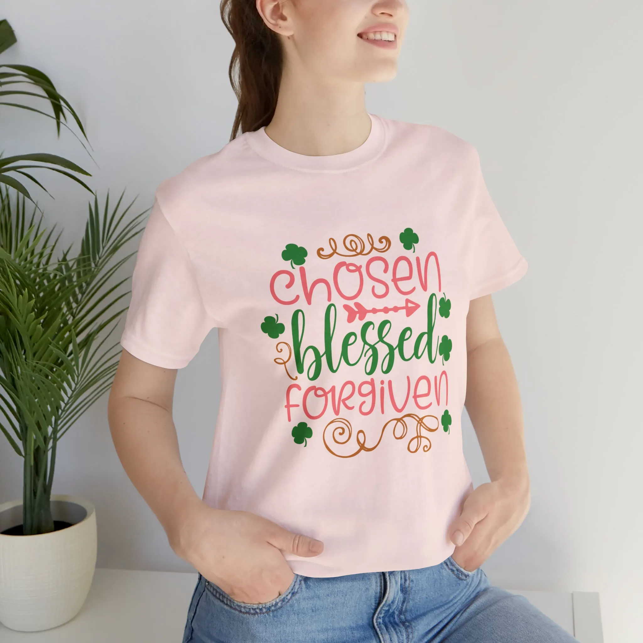 "Chosen, Blessed, Forgiven" in this classic Bella & Canvas Tee.