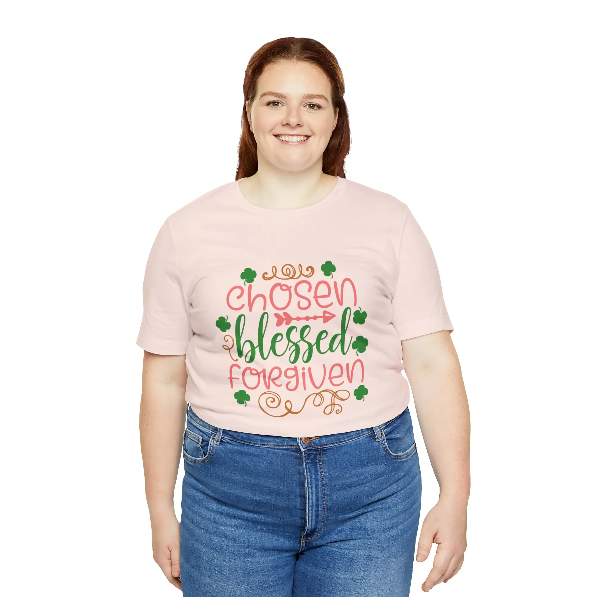 "Chosen, Blessed, Forgiven" in this classic Bella & Canvas Tee.