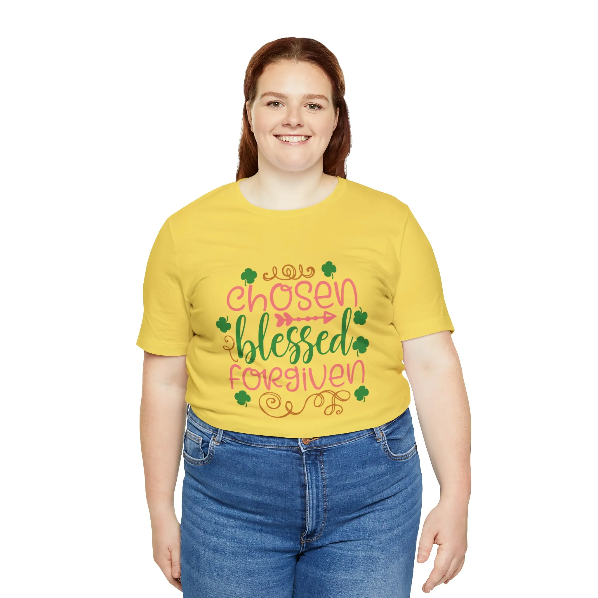 "Chosen, Blessed, Forgiven" in this classic Bella & Canvas Tee.