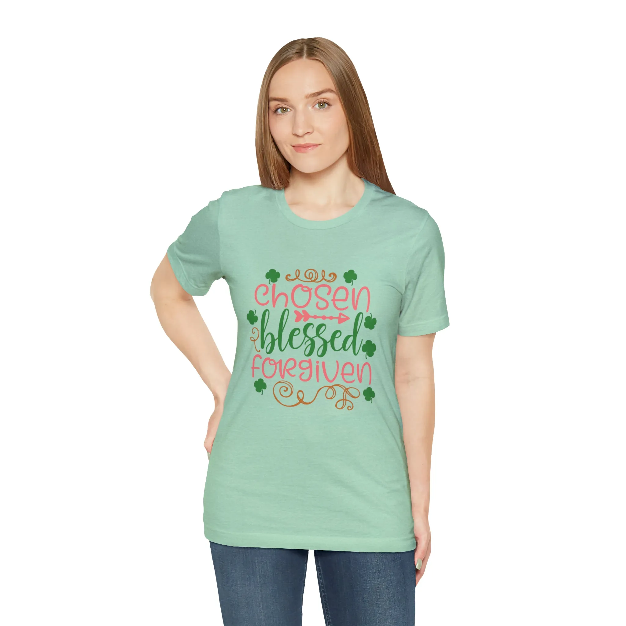 "Chosen, Blessed, Forgiven" in this classic Bella & Canvas Tee.