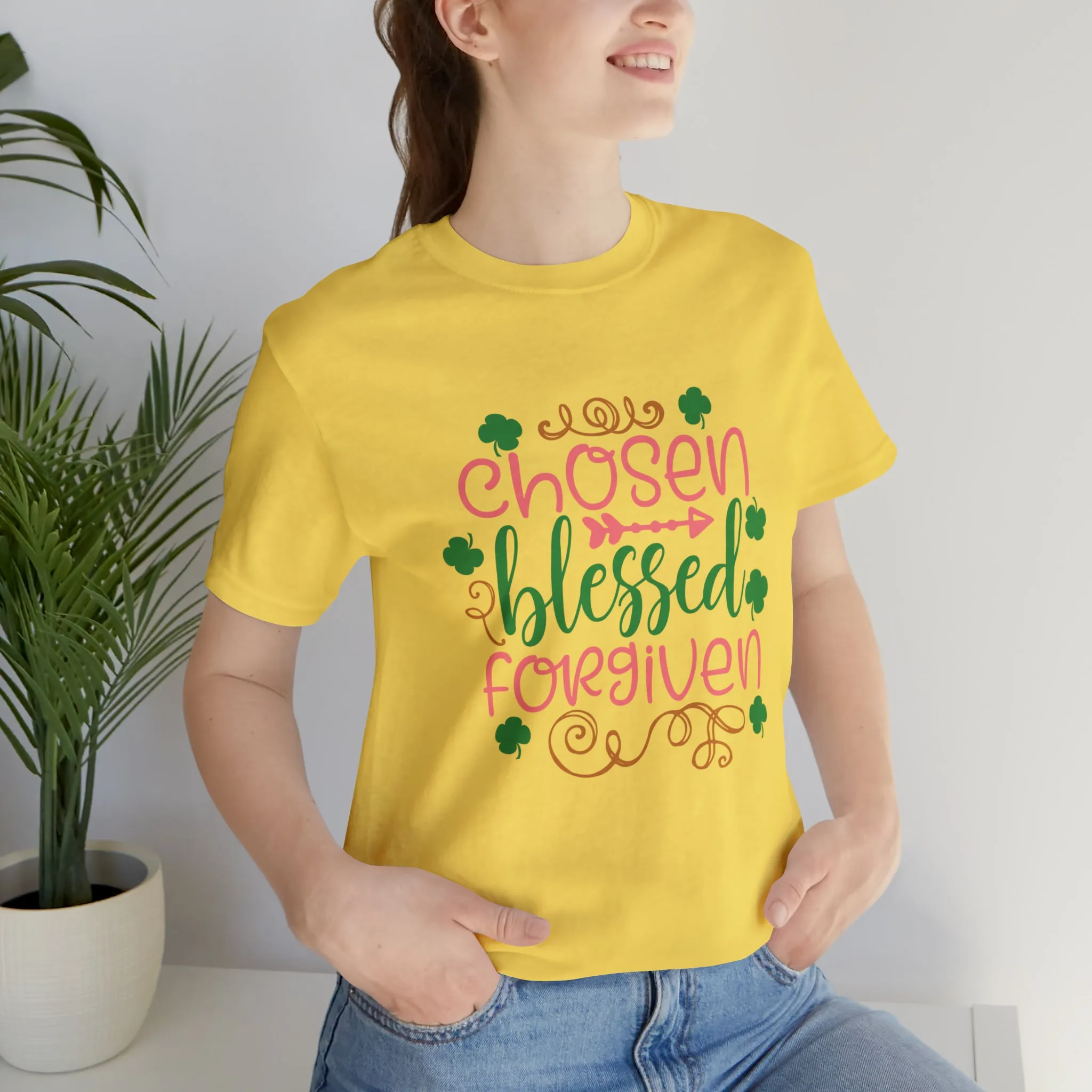 "Chosen, Blessed, Forgiven" in this classic Bella & Canvas Tee.