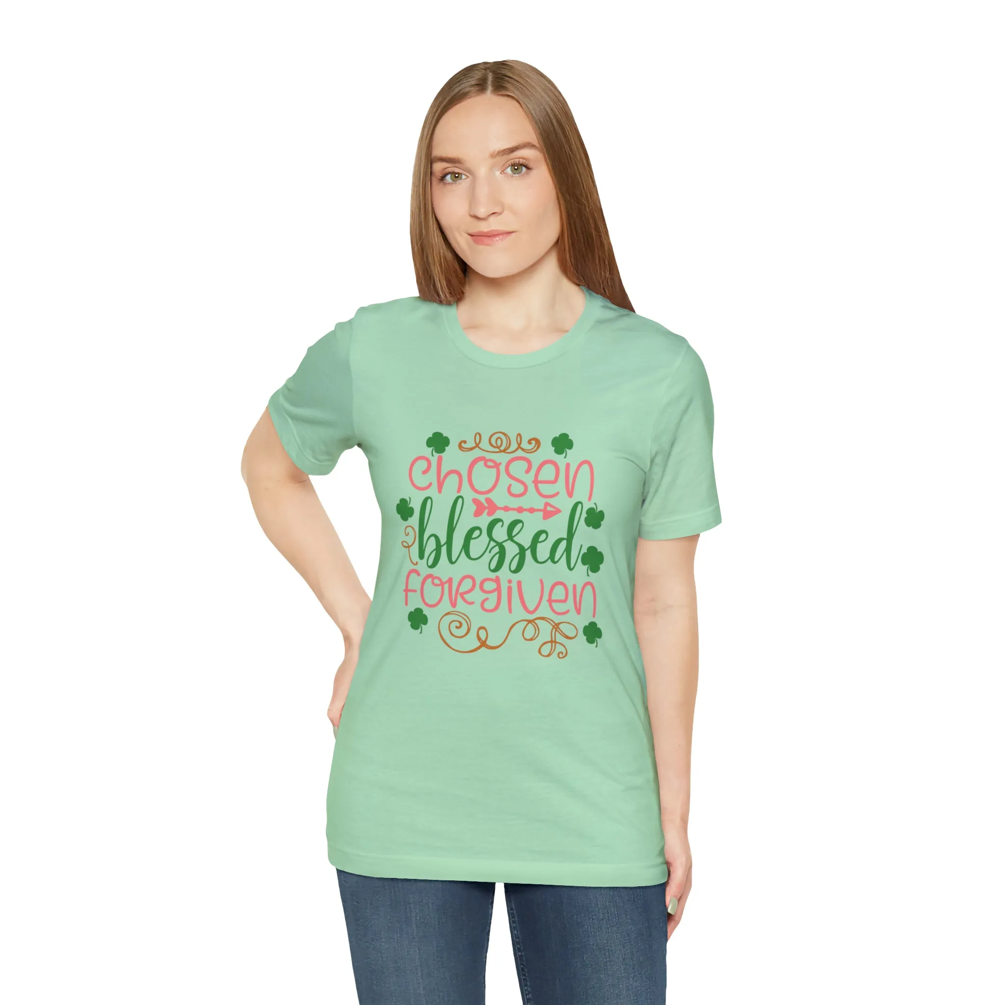 "Chosen, Blessed, Forgiven" in this classic Bella & Canvas Tee.
