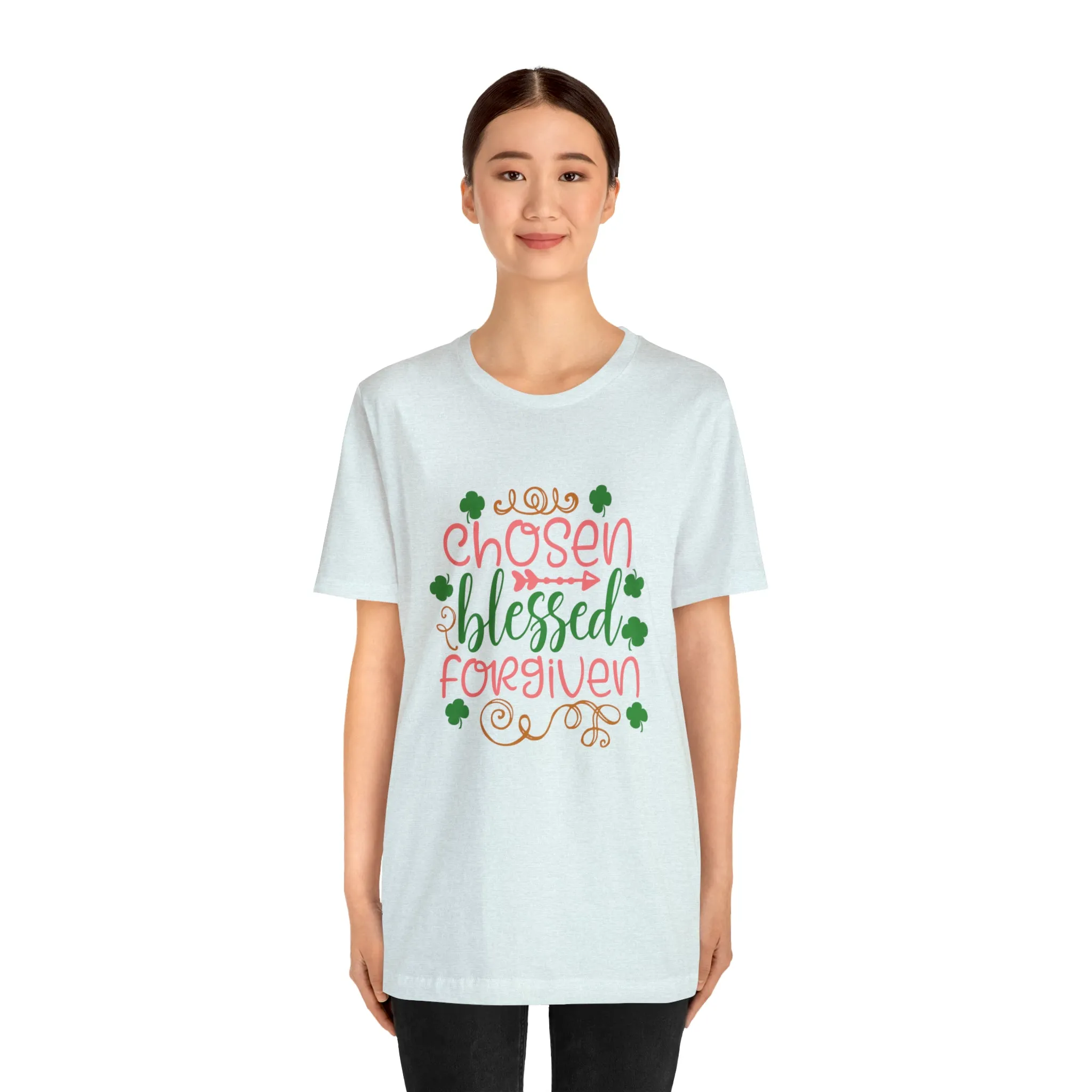 "Chosen, Blessed, Forgiven" in this classic Bella & Canvas Tee.