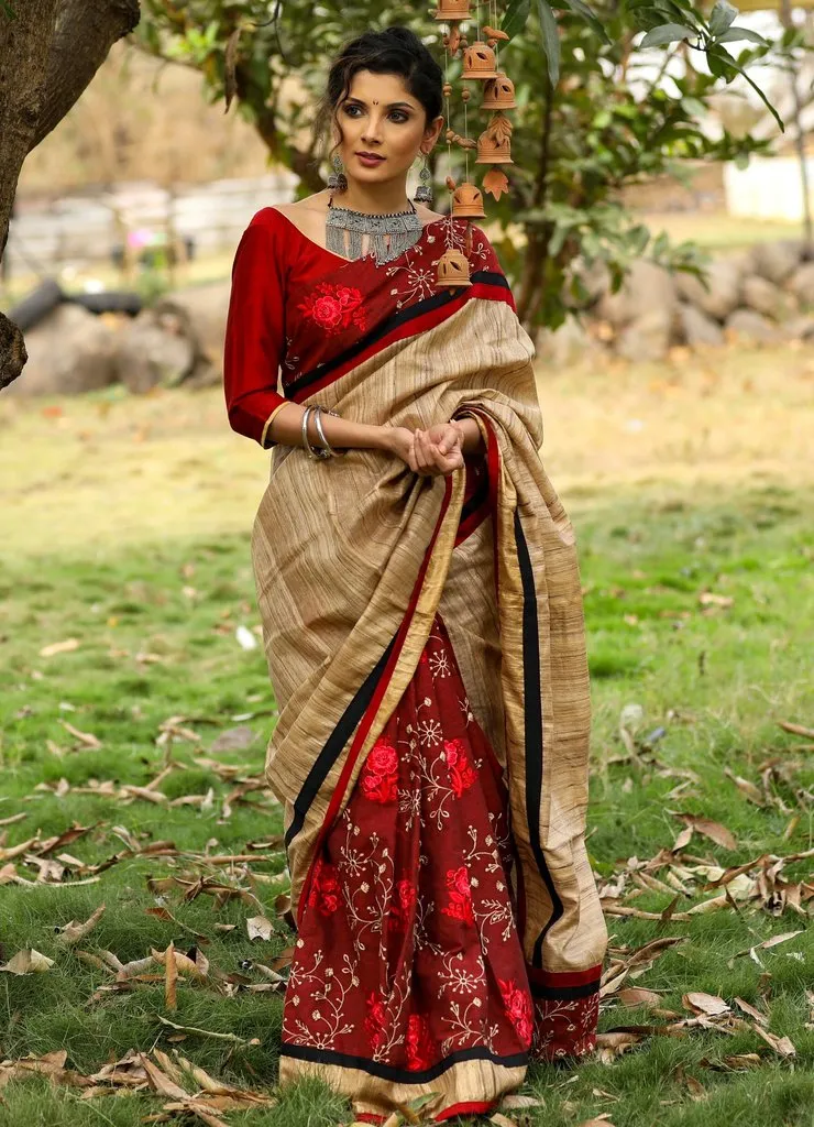 RAW SILK SAREE WITH EMBROIDERED COTTON PLEATS & BORDER