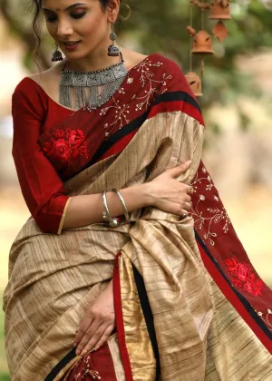 RAW SILK SAREE WITH EMBROIDERED COTTON PLEATS & BORDER