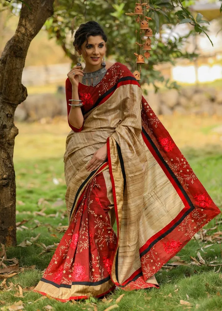 RAW SILK SAREE WITH EMBROIDERED COTTON PLEATS & BORDER