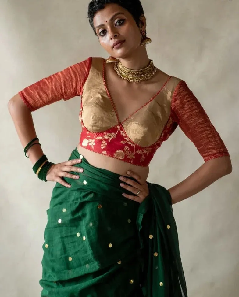 Readymade Gorgeous Red Cotton Silk Blouse With Golden Zari Work