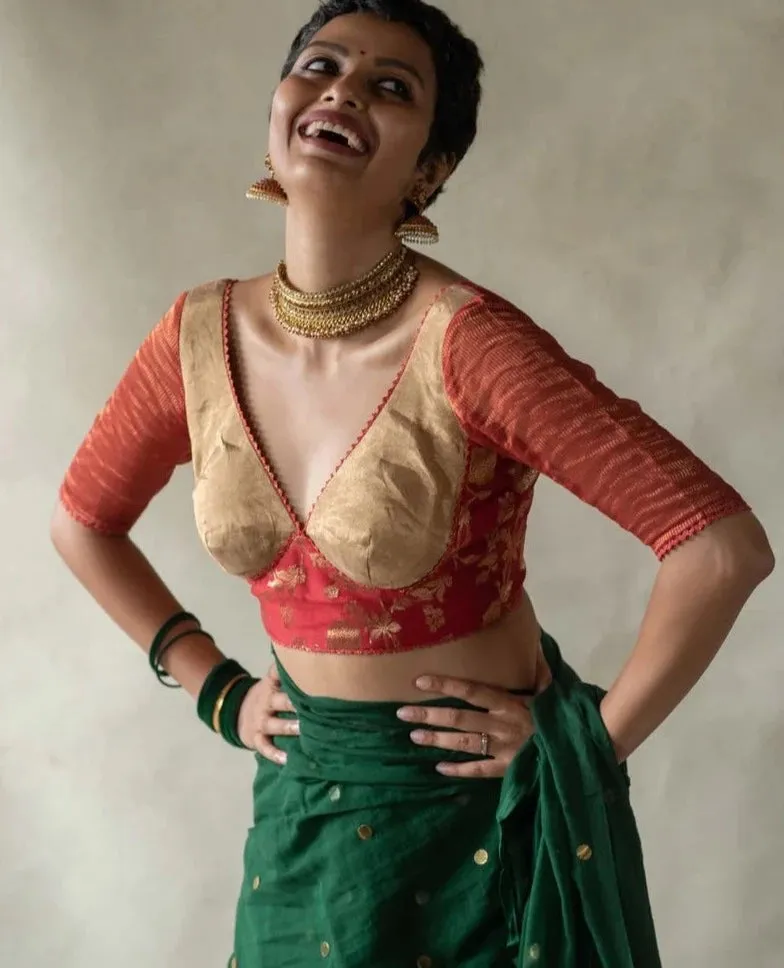 Readymade Gorgeous Red Cotton Silk Blouse With Golden Zari Work
