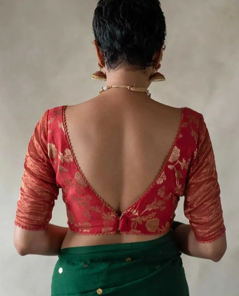 Readymade Gorgeous Red Cotton Silk Blouse With Golden Zari Work