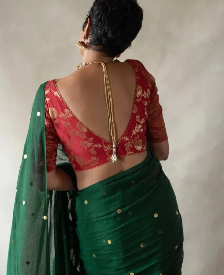 Readymade Gorgeous Red Cotton Silk Blouse With Golden Zari Work