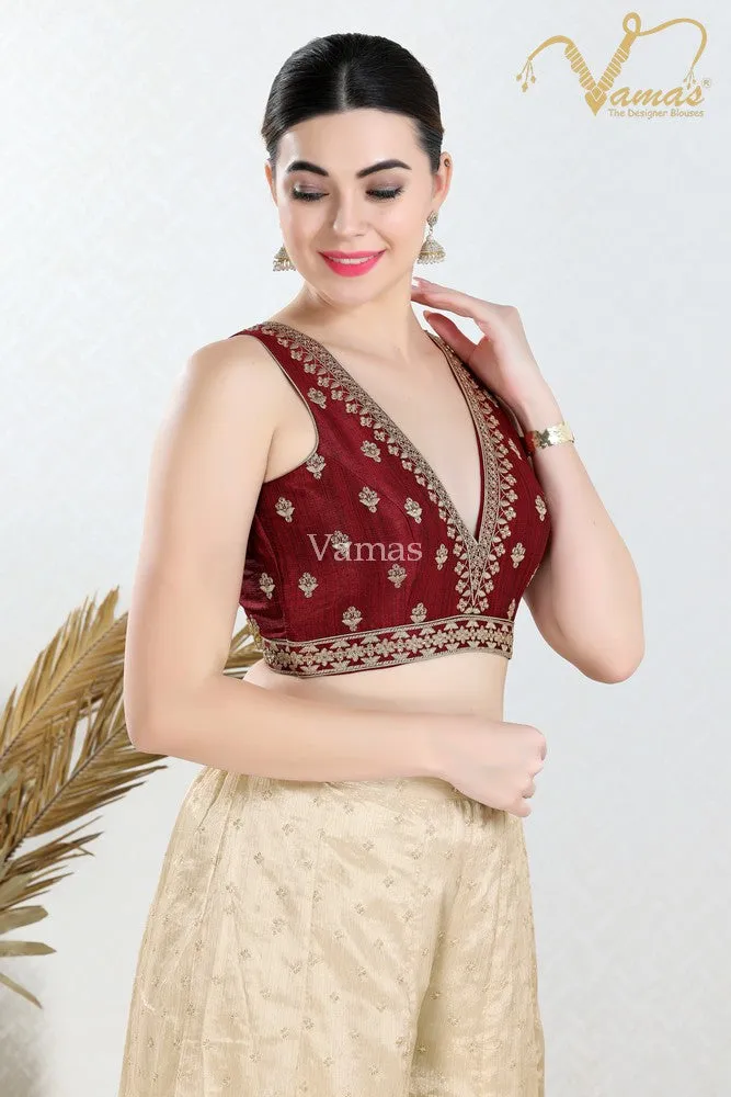 Readymade Mulbury Silk Padded Back Open Sleeveless Maroon Saree Blouse