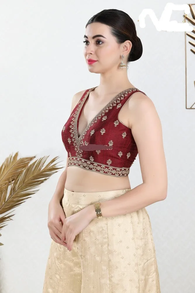 Readymade Mulbury Silk Padded Back Open Sleeveless Maroon Saree Blouse