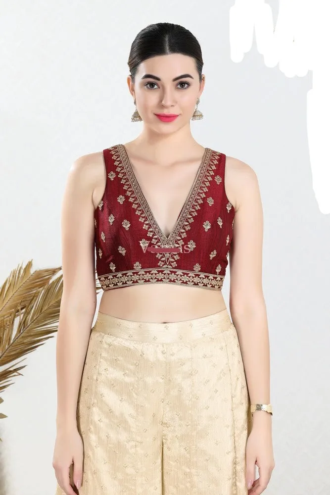 Readymade Mulbury Silk Padded Back Open Sleeveless Maroon Saree Blouse