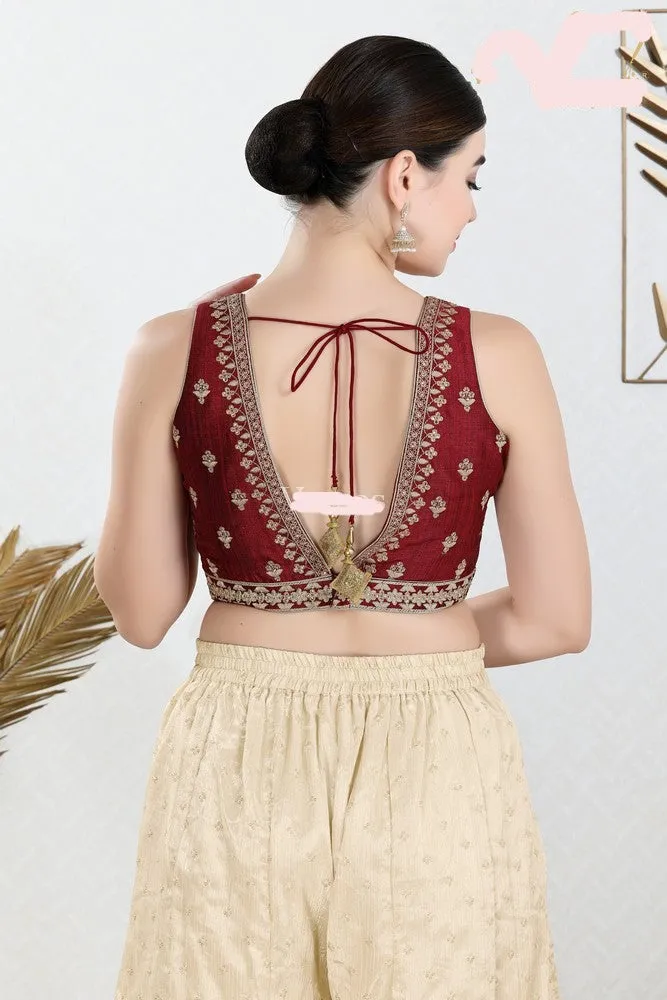 Readymade Mulbury Silk Padded Back Open Sleeveless Maroon Saree Blouse
