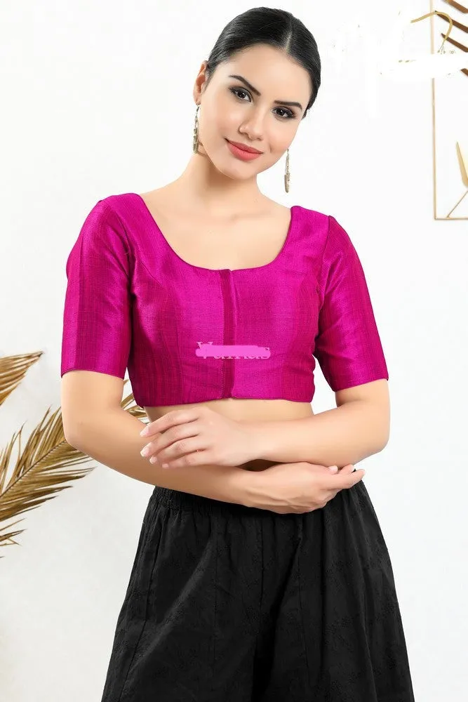 Readymade Mulbury Silk Padded Front Open Elbow Sleeves Purple Saree Blouse