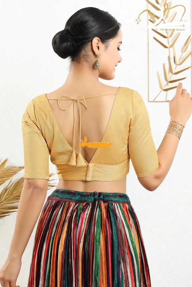 Readymade Silk Padded Back Open Elbow Sleeves Gold Saree Blouse