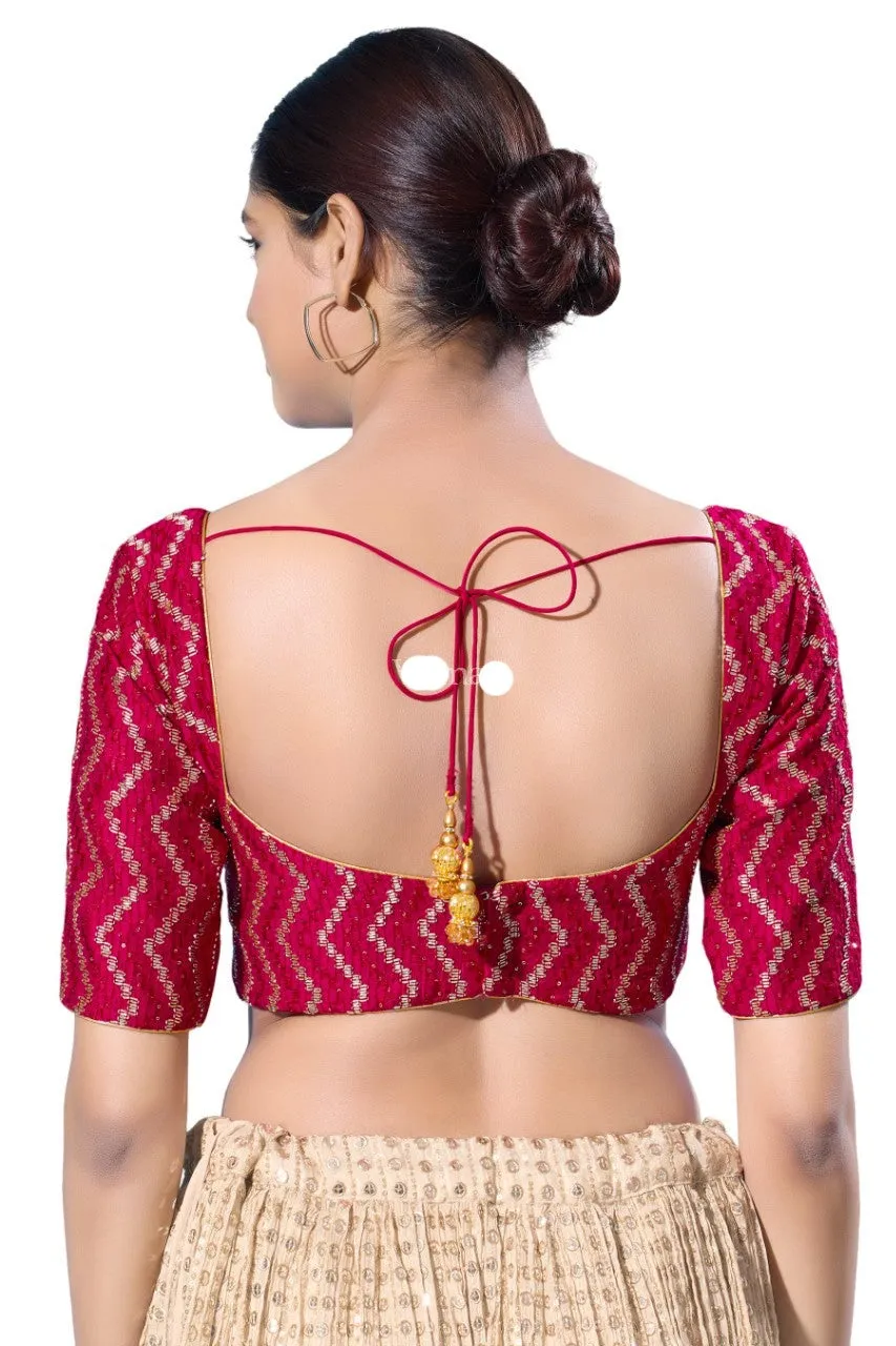 Readymade Silk Padded Back Open Elbow Sleeves Saree Blouse