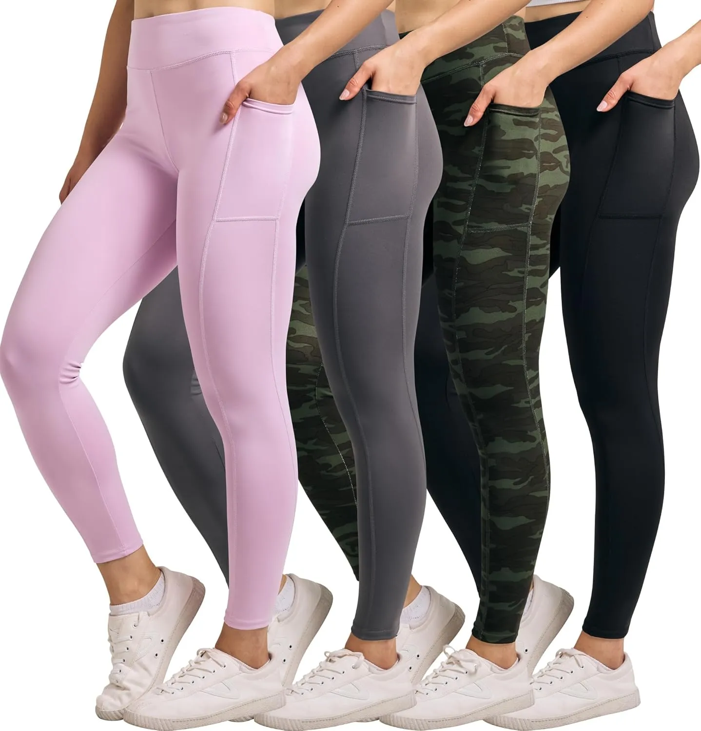Real Essentials 4-Pack: Women's Full Length Fitted Athletic Yoga Performance Leggings with Pockets (Available in Plus Size)