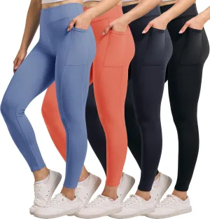 Real Essentials 4-Pack: Women's Full Length Fitted Athletic Yoga Performance Leggings with Pockets (Available in Plus Size)