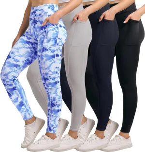 Real Essentials 4-Pack: Women's Full Length Fitted Athletic Yoga Performance Leggings with Pockets (Available in Plus Size)