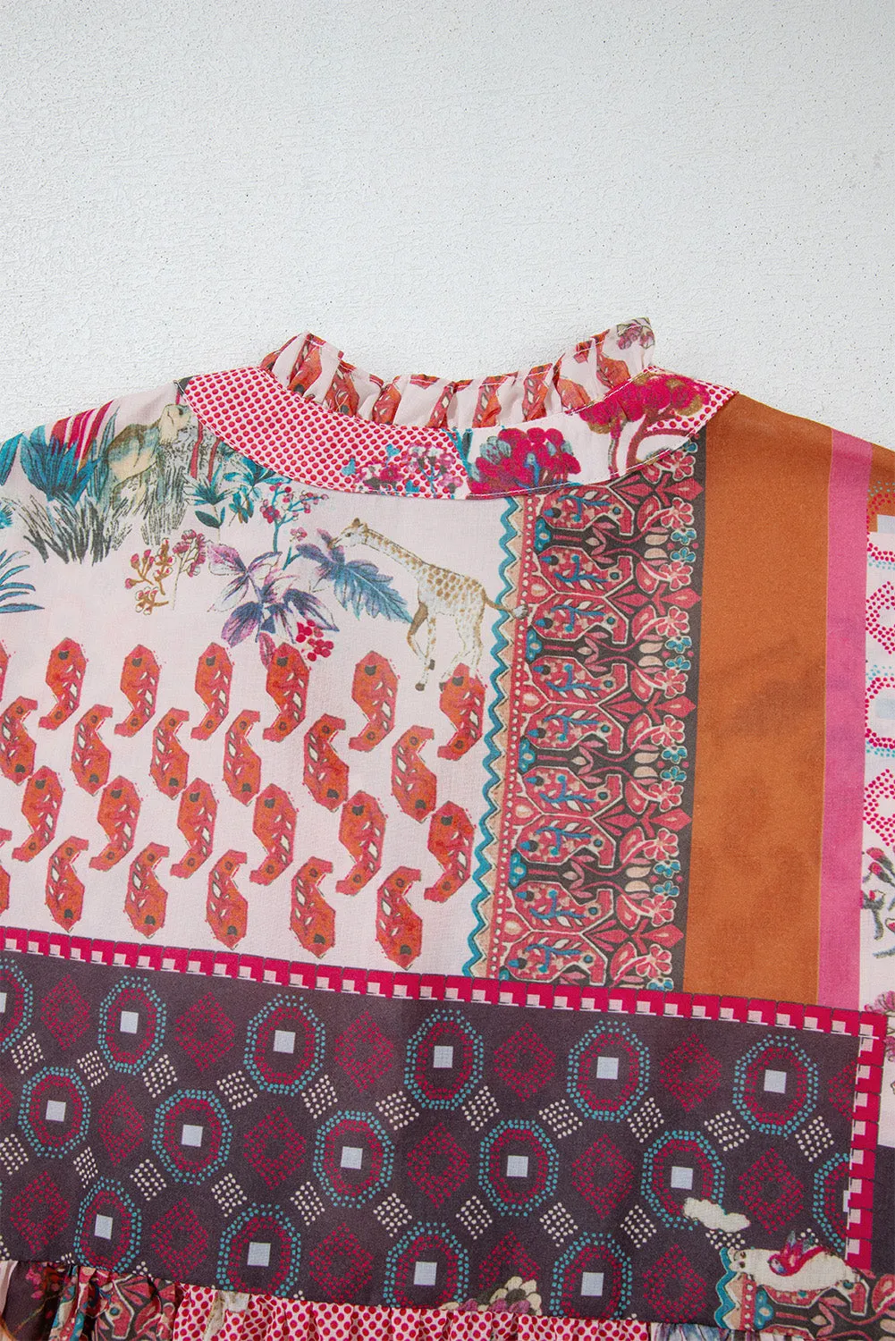 Red Boho Abstract Patchwork Bubble Sleeve Blouse