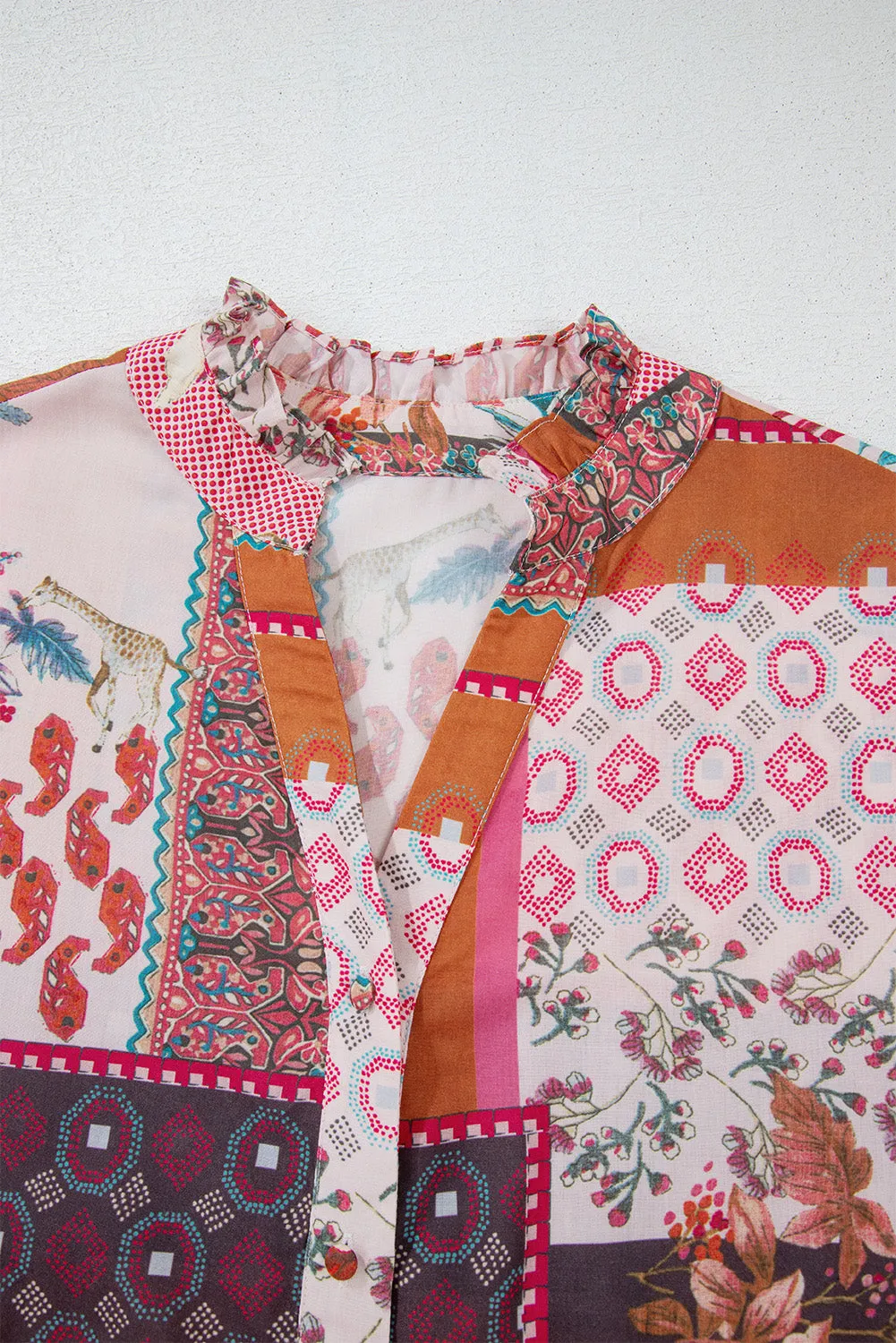 Red Boho Abstract Patchwork Bubble Sleeve Blouse