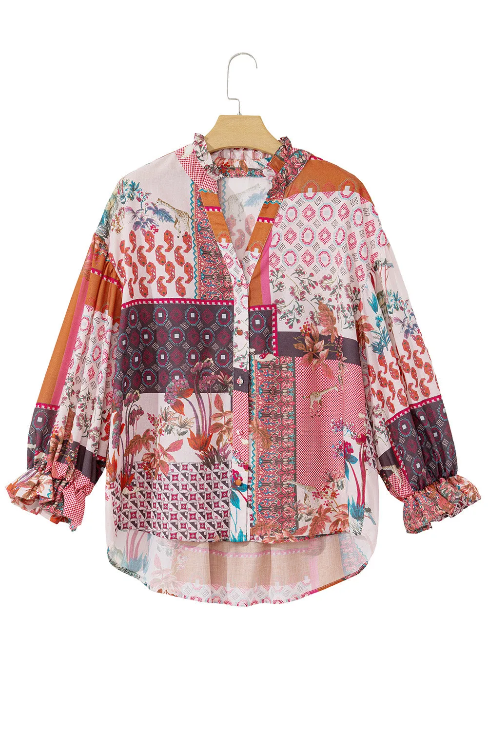 Red Boho Abstract Patchwork Bubble Sleeve Blouse