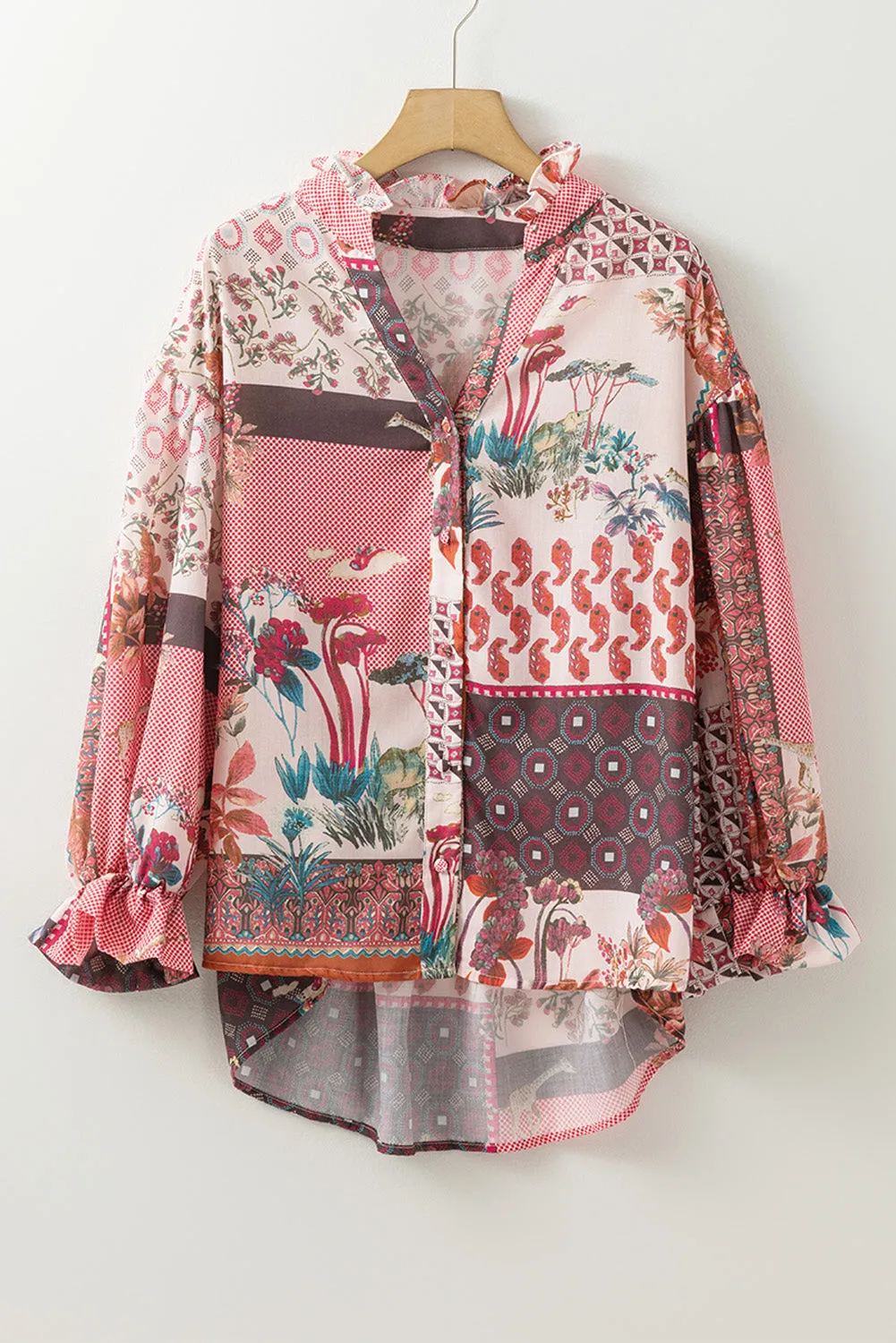 Red Boho Abstract Patchwork Bubble Sleeve Blouse