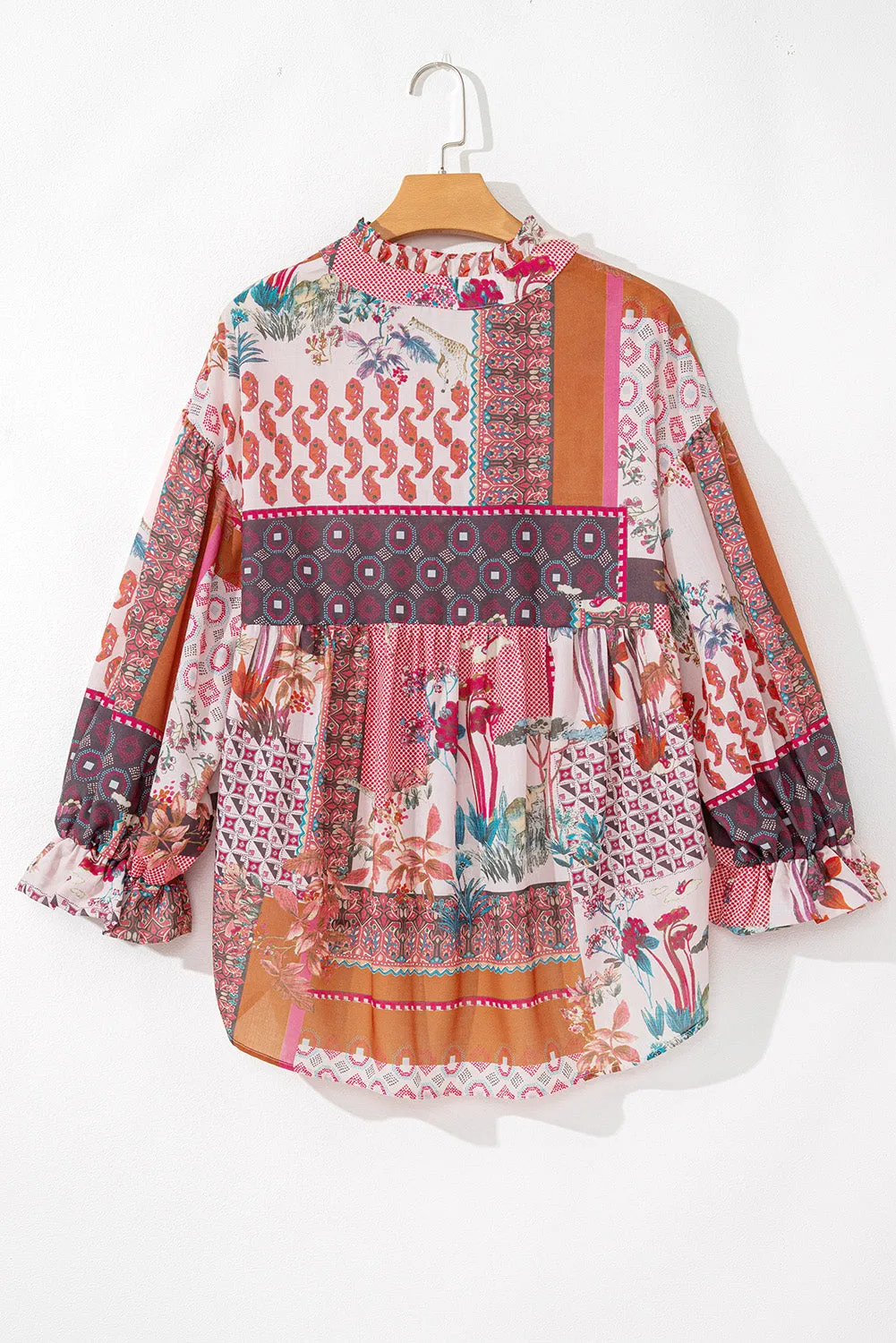 Red Boho Abstract Patchwork Bubble Sleeve Blouse