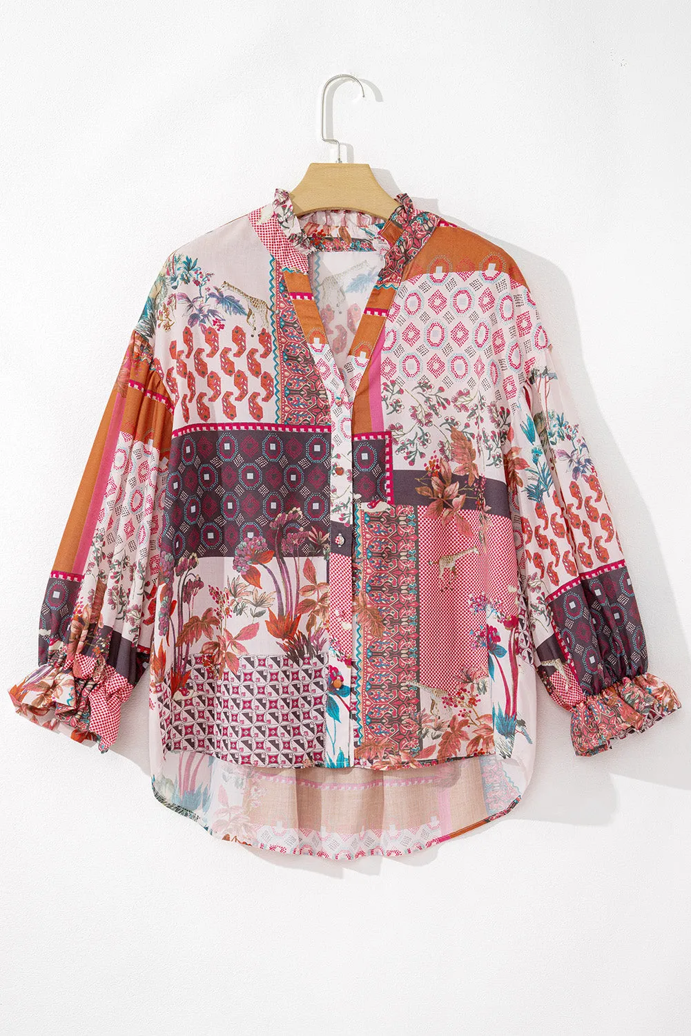 Red Boho Abstract Patchwork Bubble Sleeve Blouse
