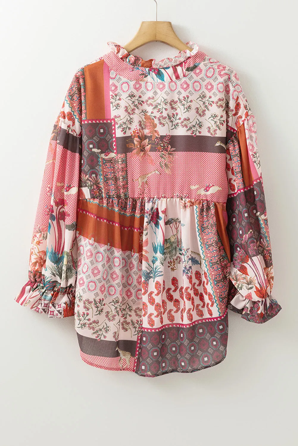 Red Boho Abstract Patchwork Bubble Sleeve Blouse