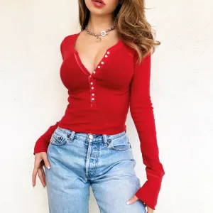 Red Cropped Henley Top