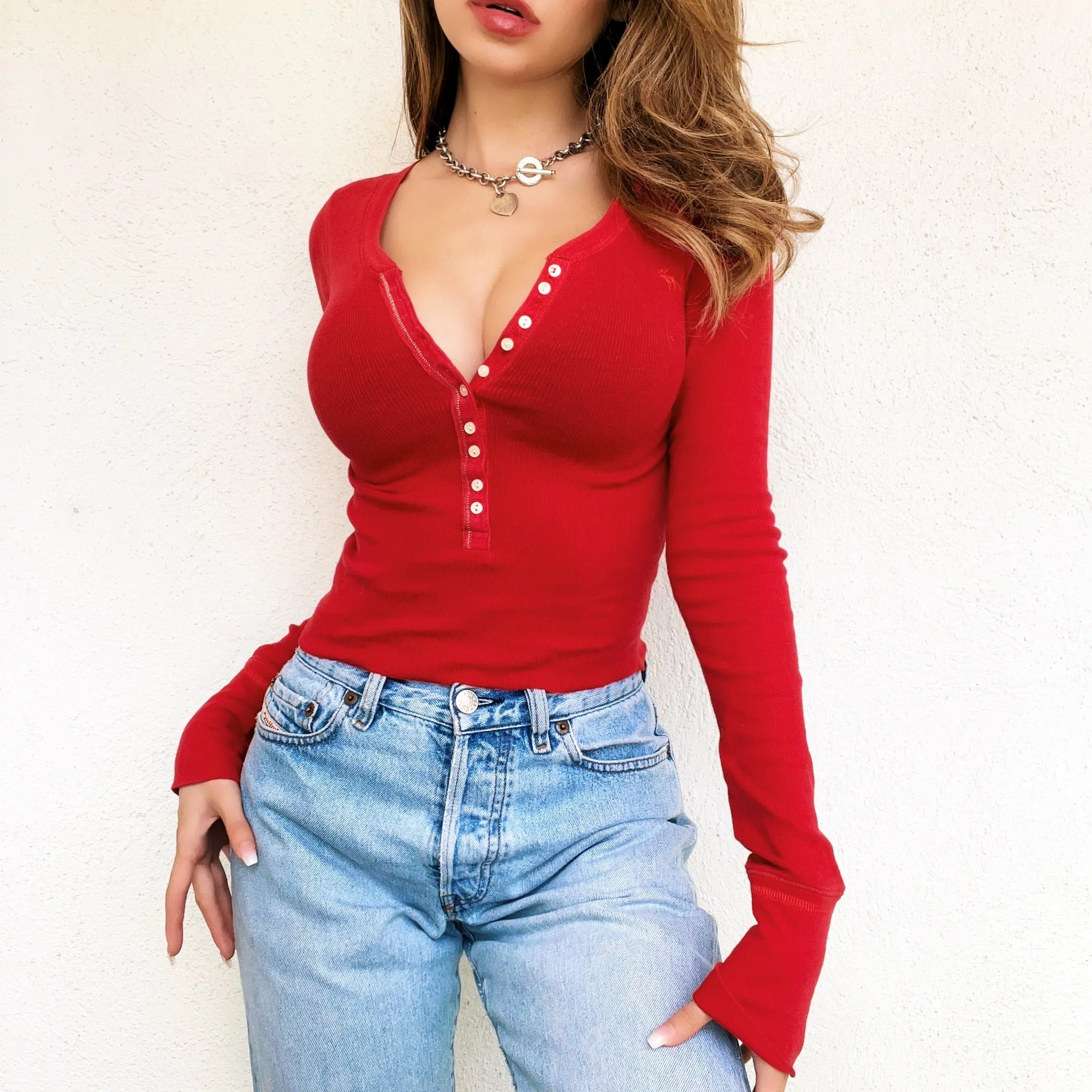 Red Cropped Henley Top