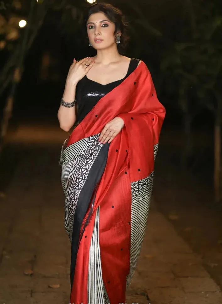 RED PURE SILK BLOCK PRINTED SAREE