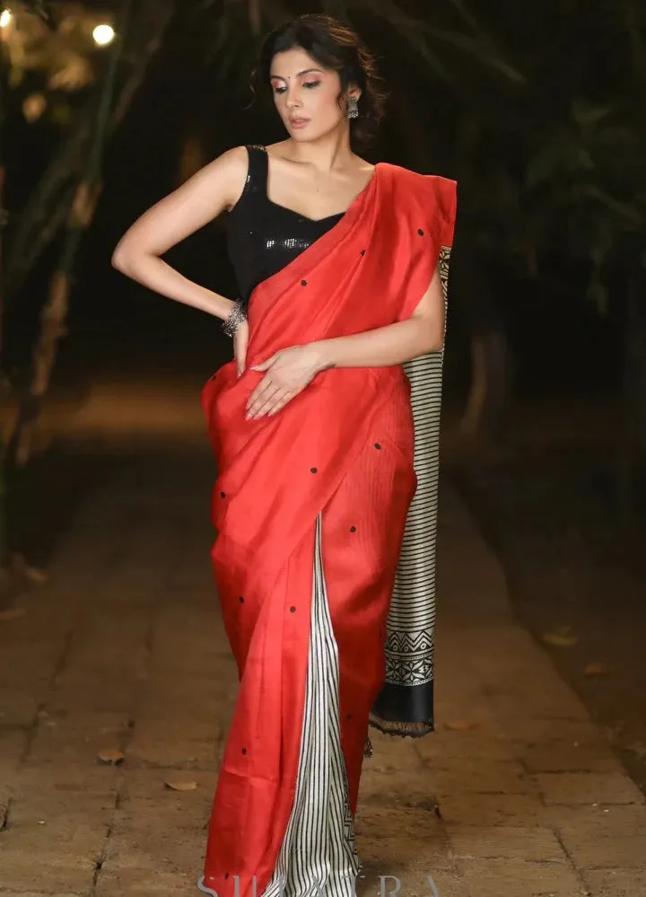 RED PURE SILK BLOCK PRINTED SAREE