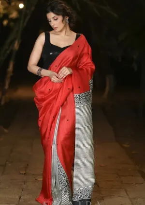 RED PURE SILK BLOCK PRINTED SAREE