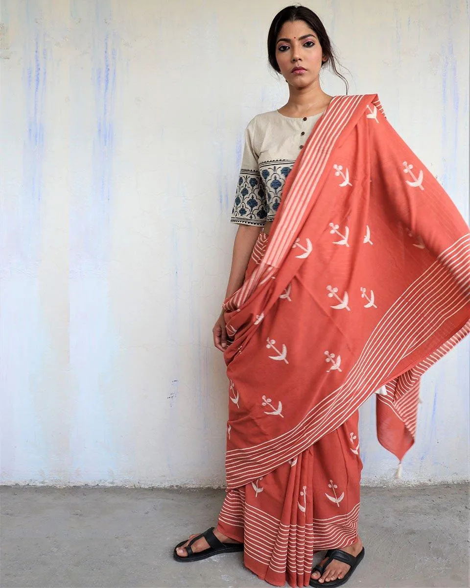 Rust Block Printed Cotton Mul Saree -God