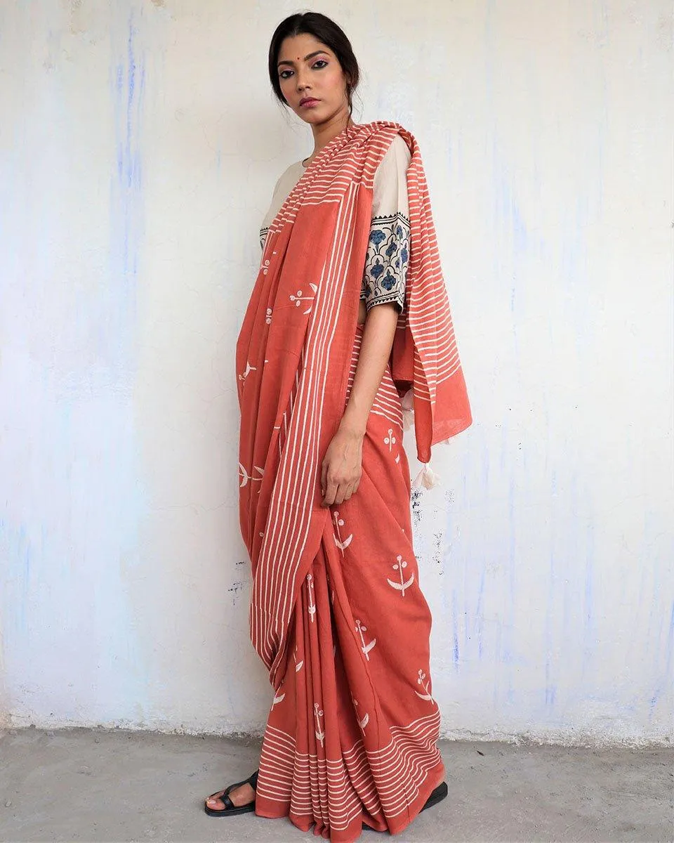 Rust Block Printed Cotton Mul Saree -God