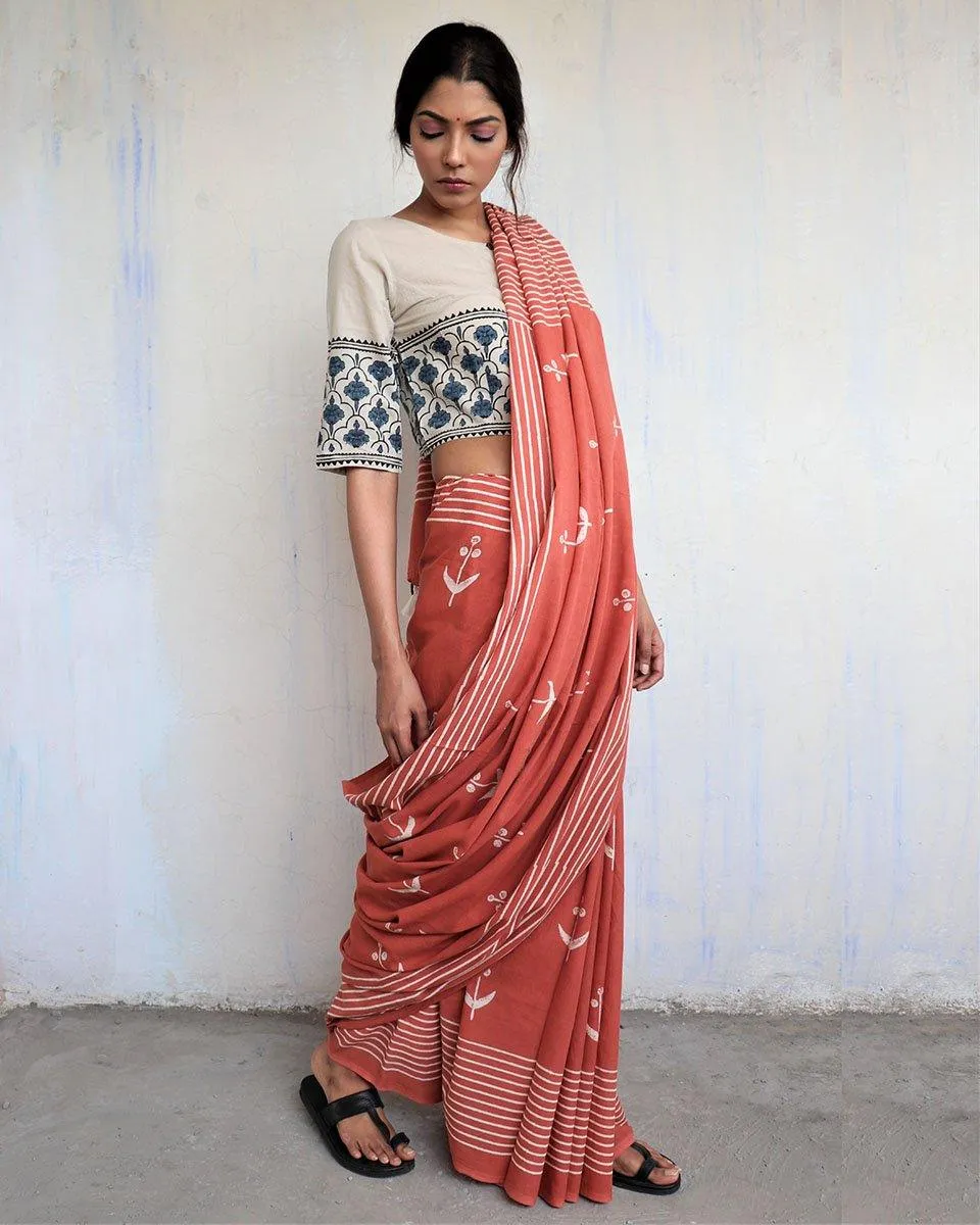 Rust Block Printed Cotton Mul Saree -God