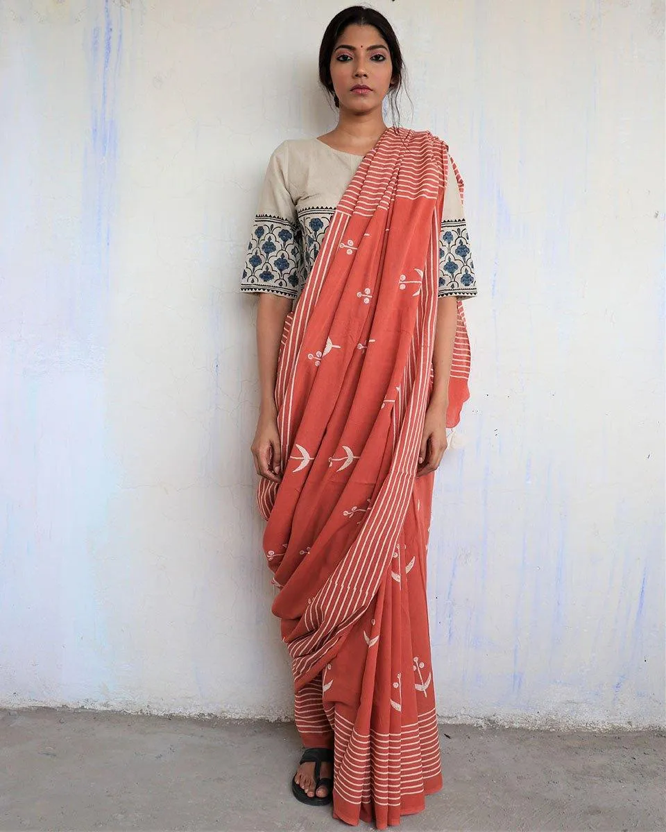 Rust Block Printed Cotton Mul Saree -God