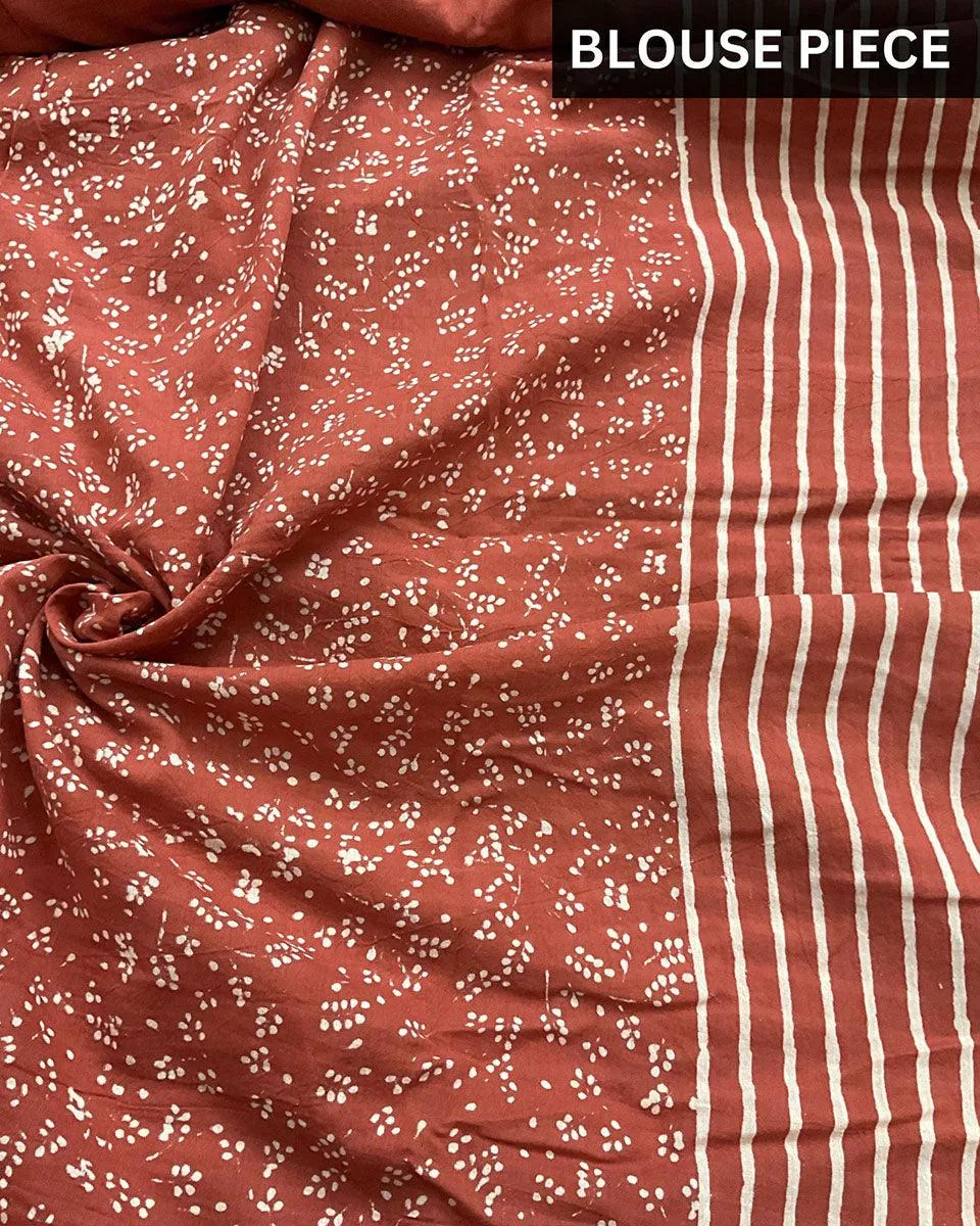 Rust Block Printed Cotton Mul Saree -God