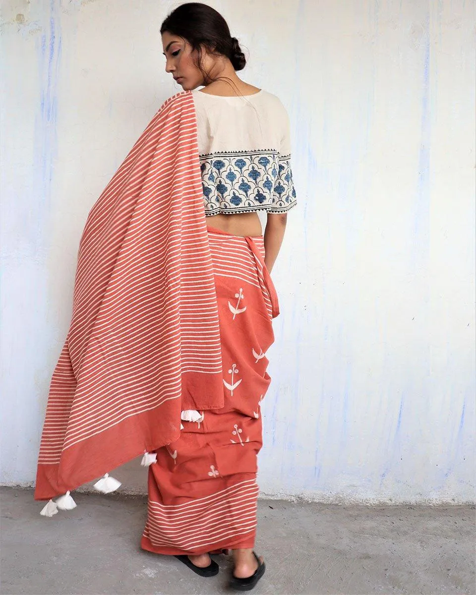 Rust Block Printed Cotton Mul Saree -God