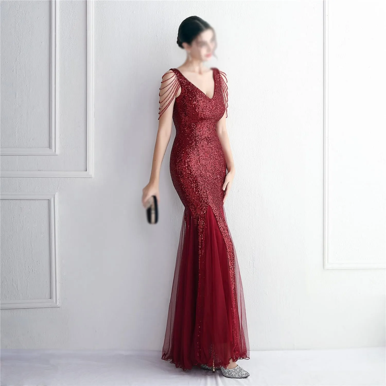 Sequin Long Plus Size Women's Performance Dress, Banquet Evening Dress