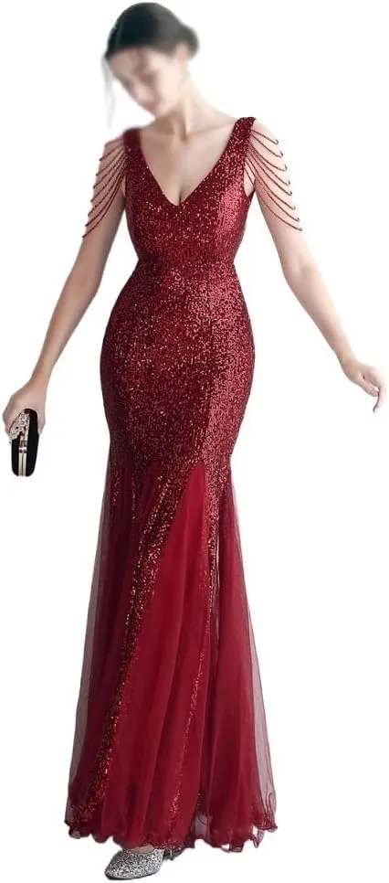 Sequin Long Plus Size Women's Performance Dress, Banquet Evening Dress