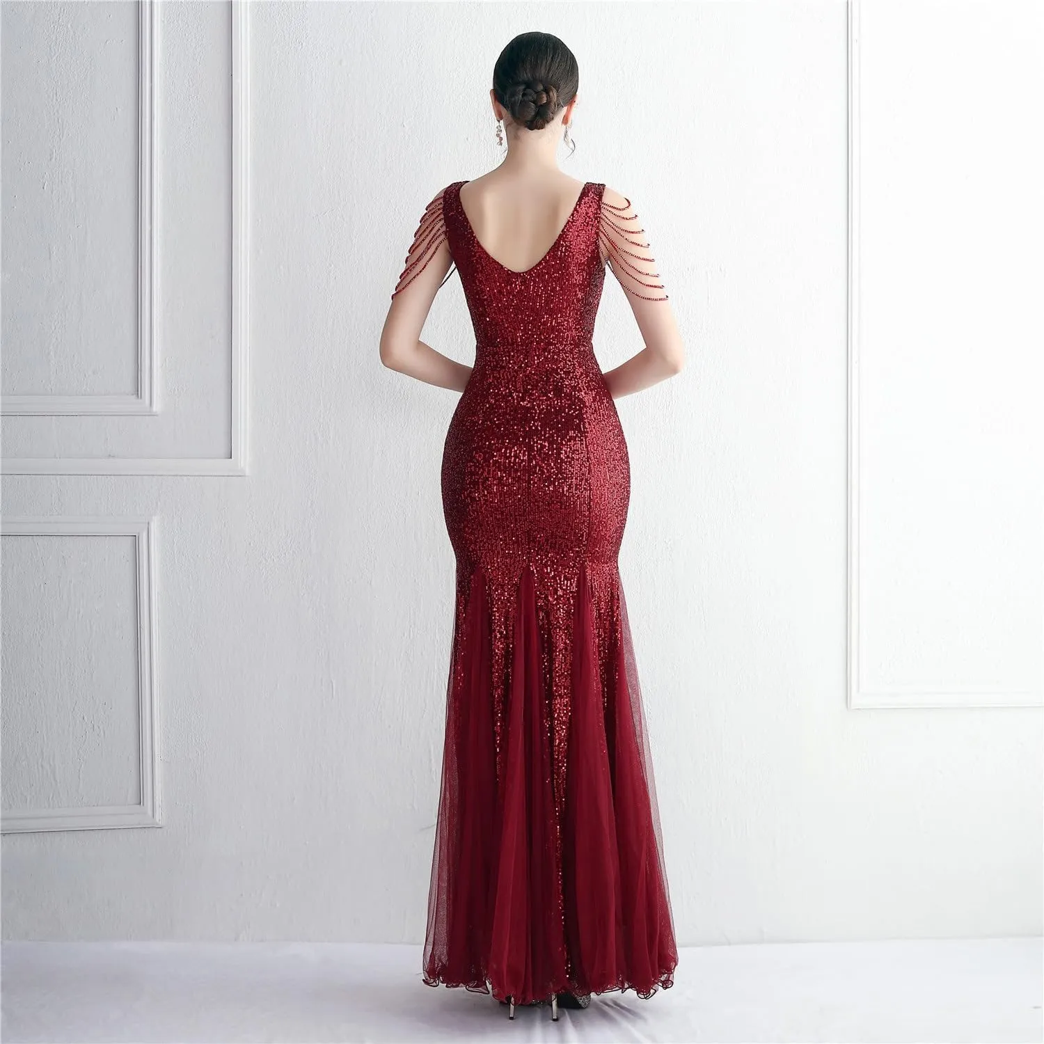 Sequin Long Plus Size Women's Performance Dress, Banquet Evening Dress