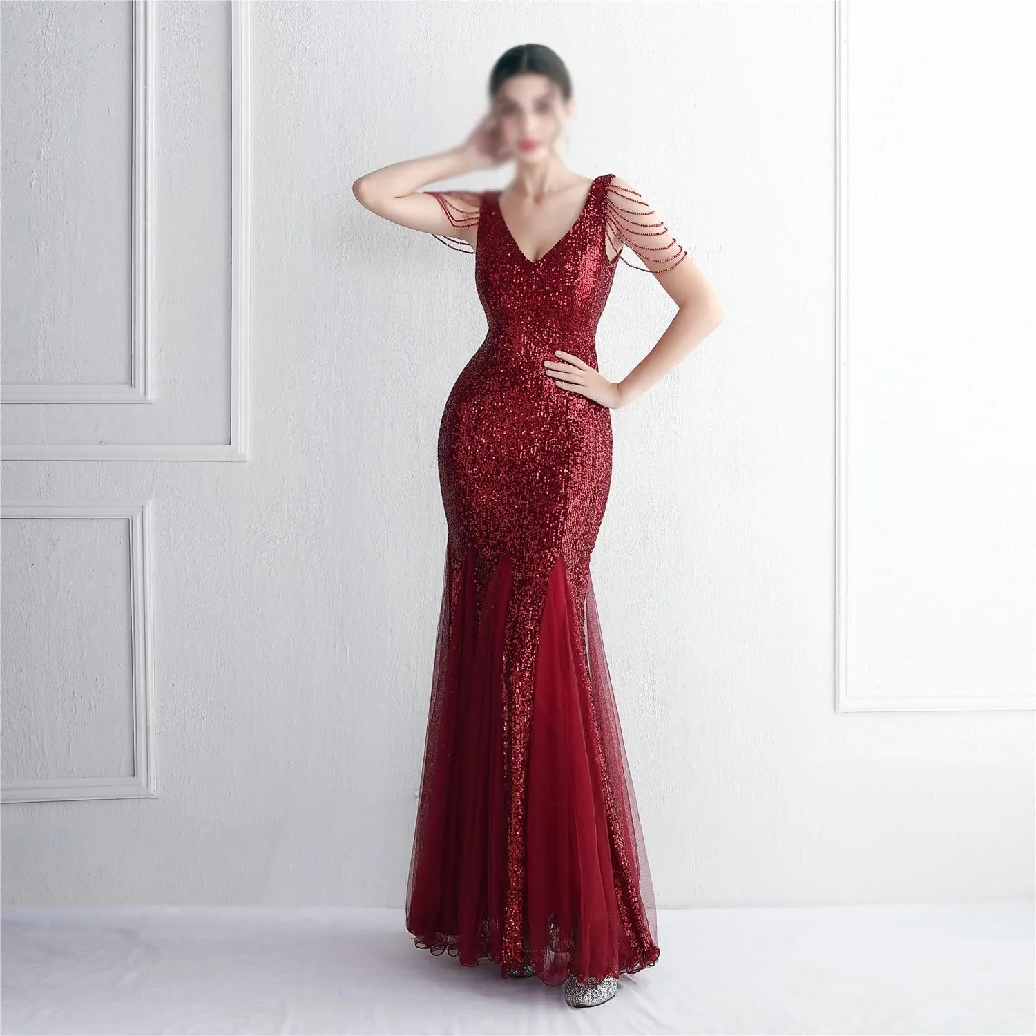 Sequin Long Plus Size Women's Performance Dress, Banquet Evening Dress