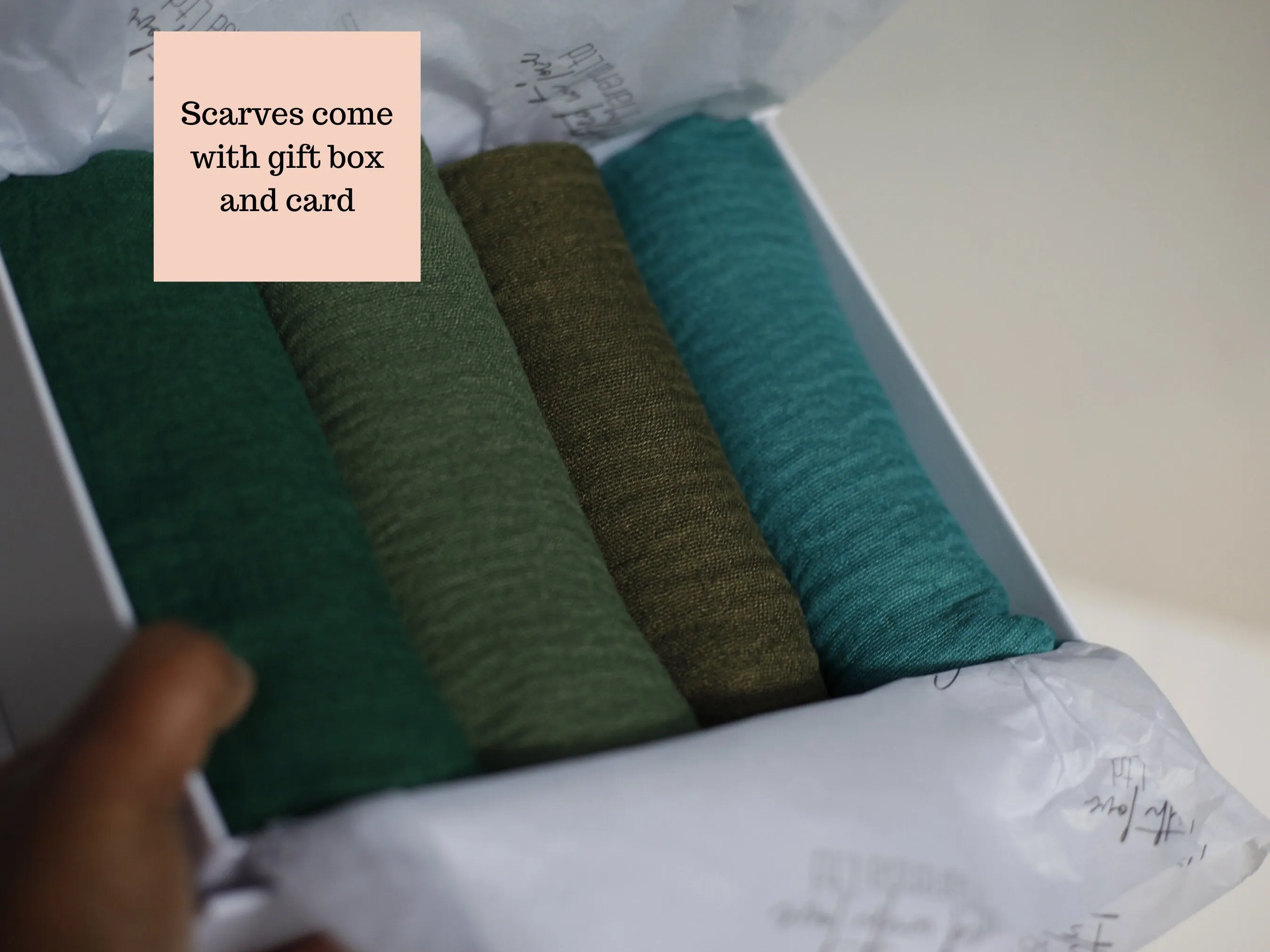Shades of forest green crimple scarf with distressed edge, Perfect Eid Hijabs, or if you are gifting hijab gifts, perfectly boxed